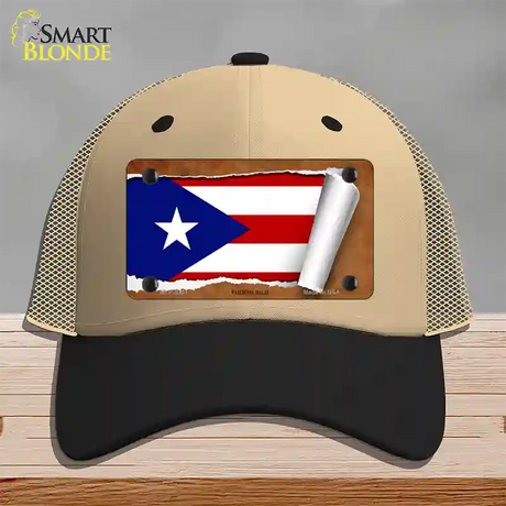 Puerto Rico Flag Scroll Novelty License Plate Hat Mesh / Khaki|Black