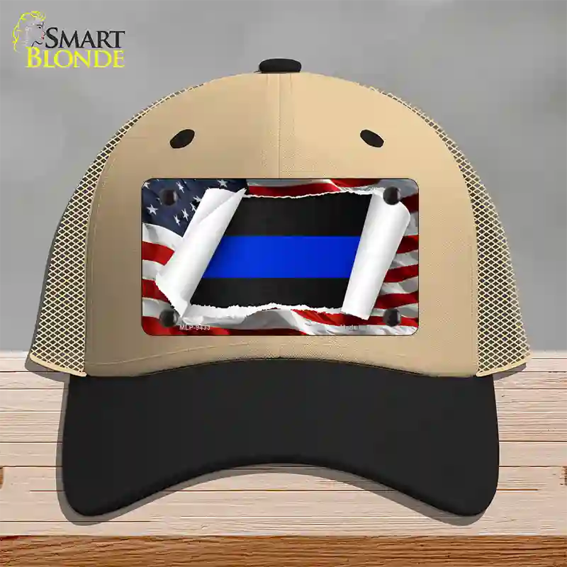 Thin Blue Line Scroll Novelty License Plate Hat Mesh / Khaki|Black