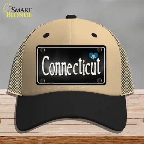 Connecticut Flag Script Novelty License Plate Hat Mesh / Khaki|Black