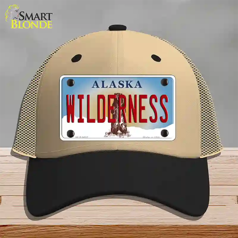 Wilderness Alaska State Novelty License Plate Hat Mesh / Khaki|Black