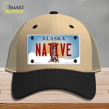 Native Alaska State Novelty License Plate Hat Mesh / Khaki|Black