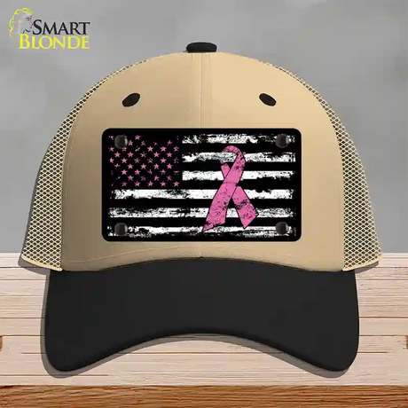 Vintage American Flag Pink Ribbon Novelty License Plate Hat Mesh / Khaki|Black