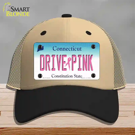 Drive Pink Connecticut Novelty License Plate Hat Mesh / Khaki|Black