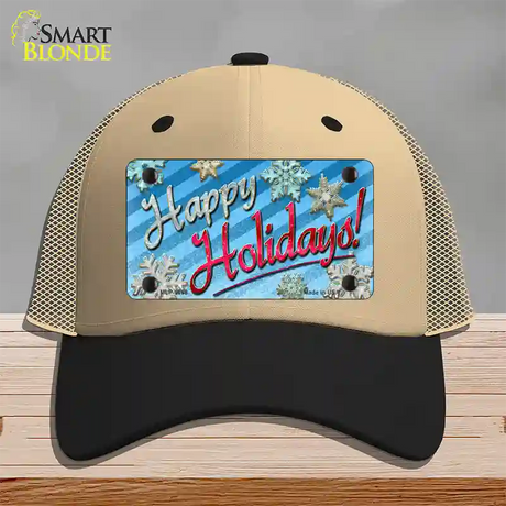 Happy Holidays Blue Novelty License Plate Hat Mesh / Khaki|Black