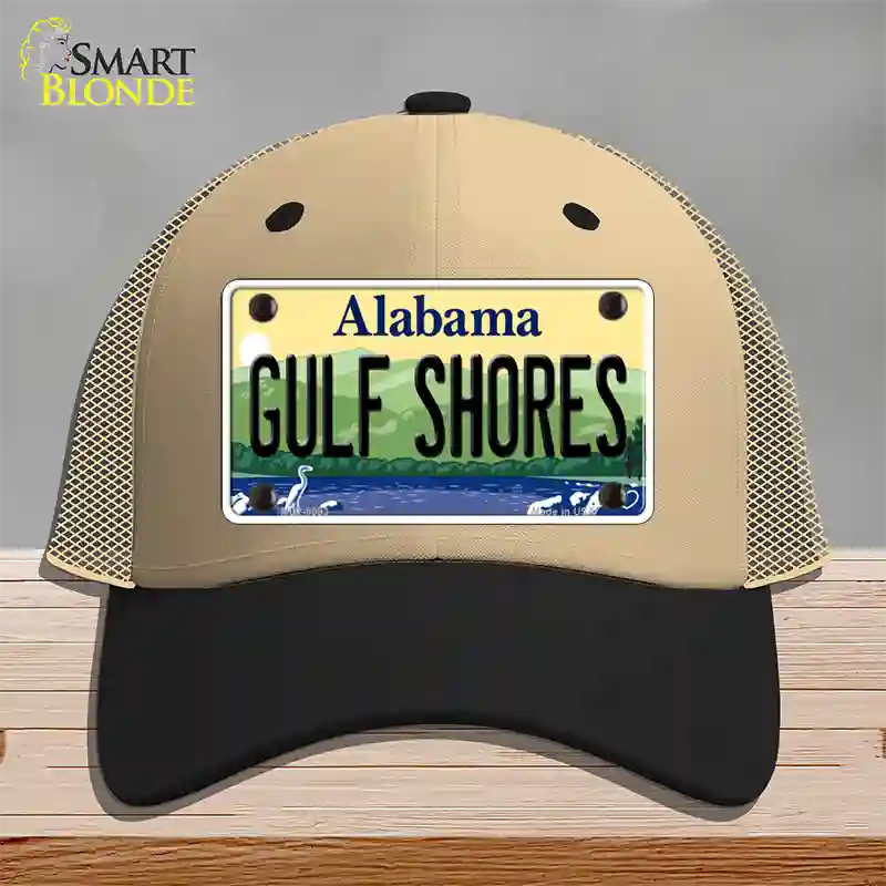 Gulf Shores Alabama Novelty License Plate Hat Mesh / Khaki|Black