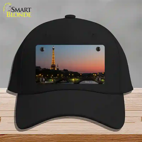 Eiffel Tower Night With River and Bridge Novelty License Plate Hat Cotton / Black