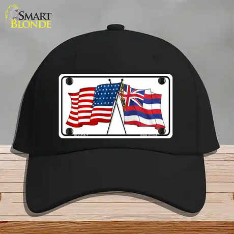 Hawaii Crossed US Flag Novelty License Plate Hat Cotton / Black