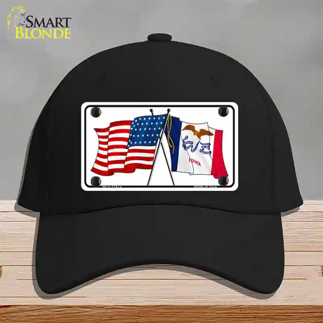 Iowa Crossed US Flag Novelty License Plate Hat Cotton / Black