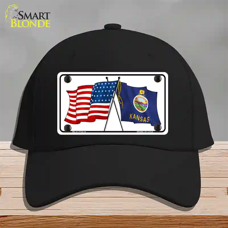 Kansas Crossed US Flag Novelty License Plate Hat Cotton / Black