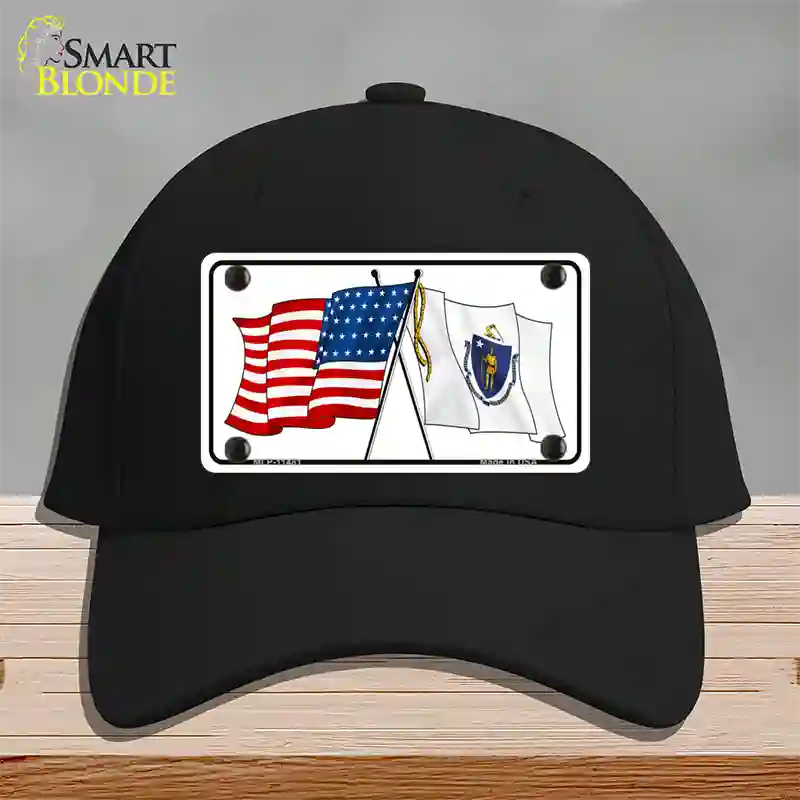 Massachusetts Crossed US Flag Novelty License Plate Hat Cotton / Black