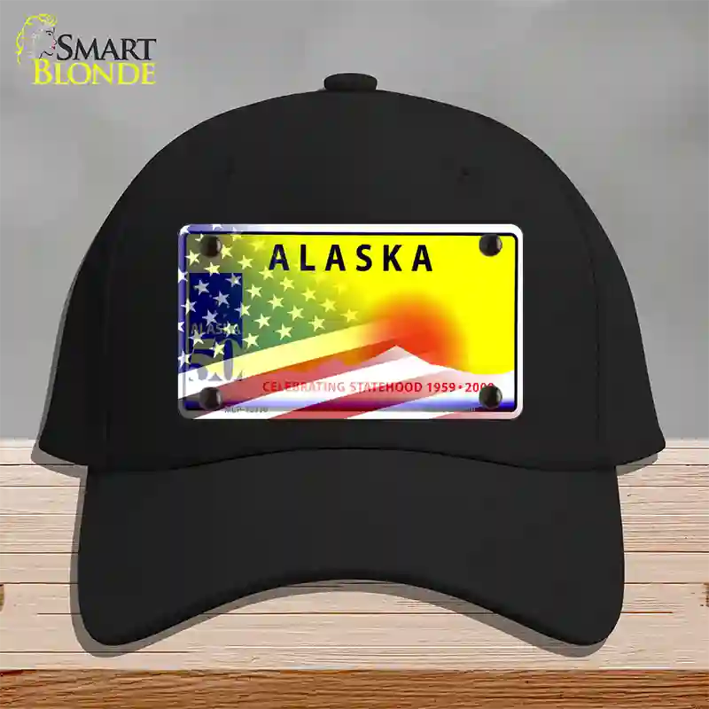 Alaska with American Flag Novelty License Plate Hat Black Cotton