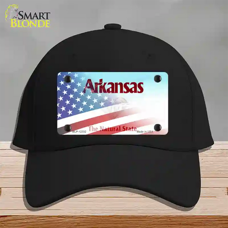 Arkansas with American Flag Novelty License Plate Hat Black Cotton