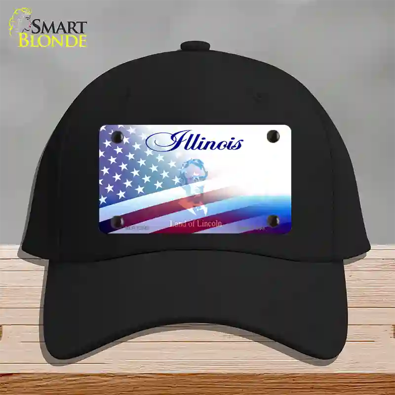 Illinois with American Flag Novelty License Plate Hat Cotton / Black