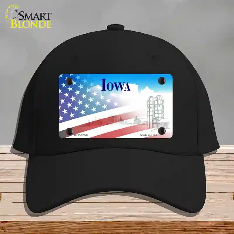 Iowa with American Flag Novelty License Plate Hat Cotton / Black