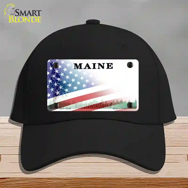 Maine with American Flag Novelty License Plate Hat Cotton / Black