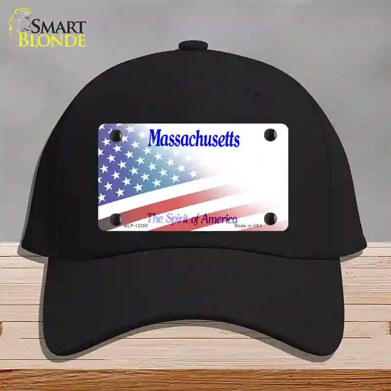 Massachusetts with American Flag Novelty License Plate Hat Cotton / Black