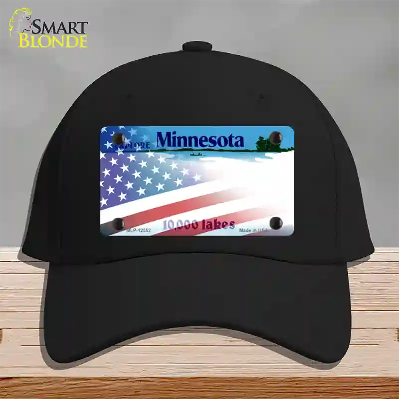 Minnesota with American Flag Novelty License Plate Hat Cotton / Black