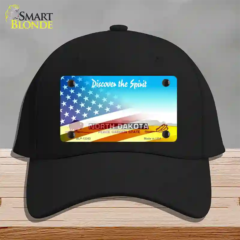 North Dakota with American Flag Novelty License Plate Hat Cotton / Black