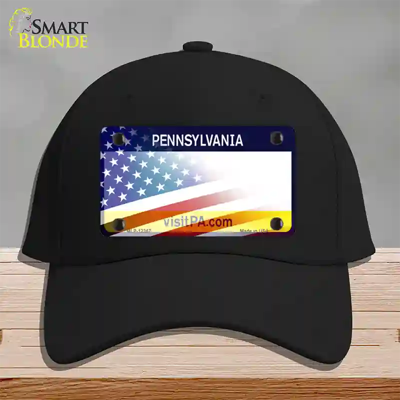 Pennsylvania with American Flag Novelty License Plate Hat Cotton / Black