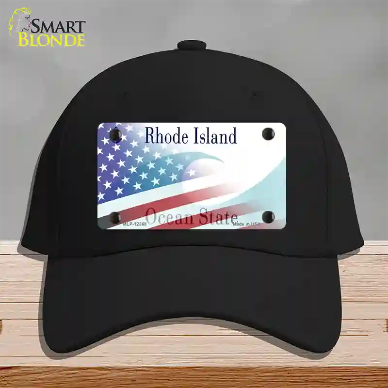 Rhode Island with American Flag Novelty License Plate Hat Cotton / Black