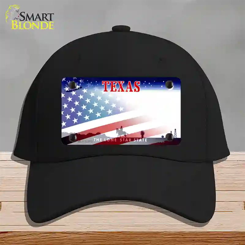 Texas with American Flag Novelty License Plate Hat Cotton / Black