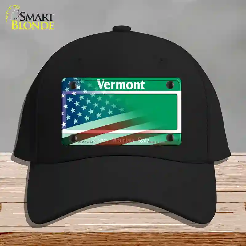 Vermont with American Flag Novelty License Plate Hat Cotton / Black