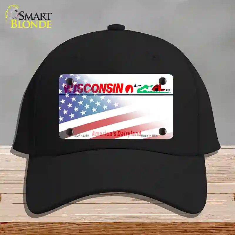 Wisconsin with American Flag Novelty License Plate Hat Cotton / Black