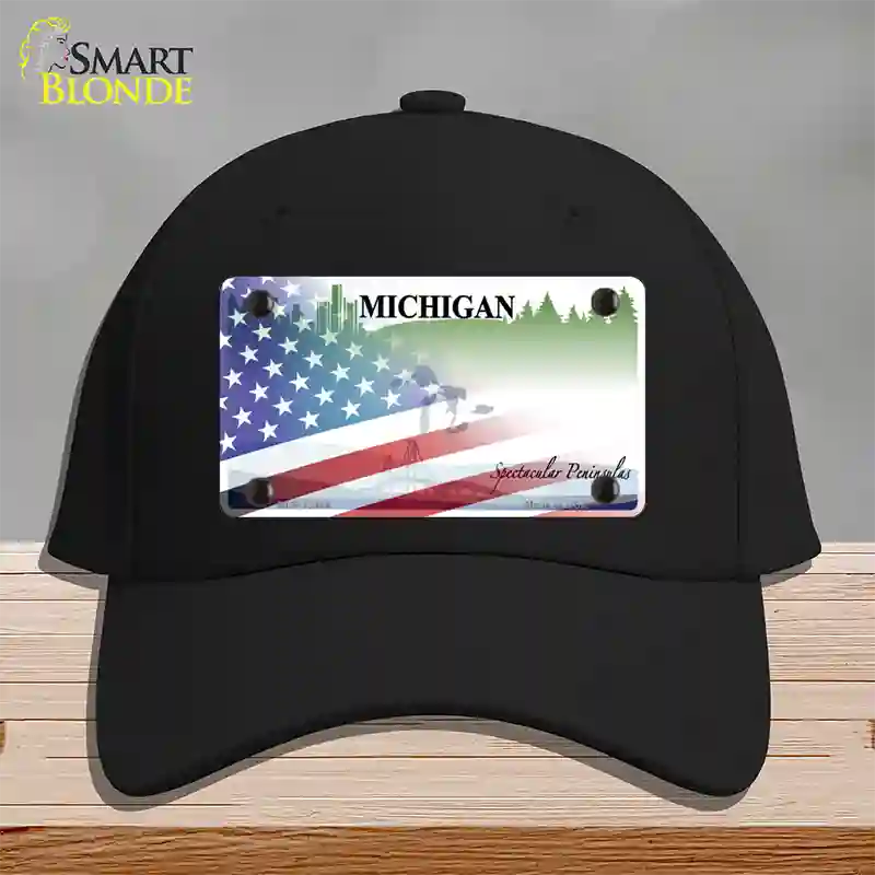 Michigan Peninsulas Plate American Flag Novelty License Plate Hat Cotton / Black