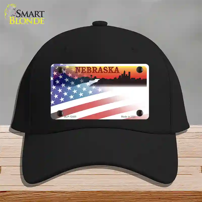 Nebraska Amber with American Flag Novelty License Plate Hat Cotton / Black