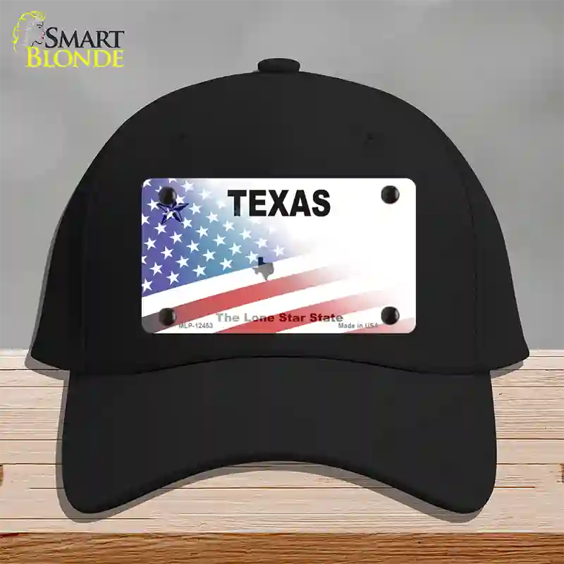 Texas White with American Flag Novelty License Plate Hat Cotton / Black