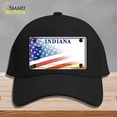 Indiana Bicentennial with American Flag Novelty License Plate Hat Cotton / Black