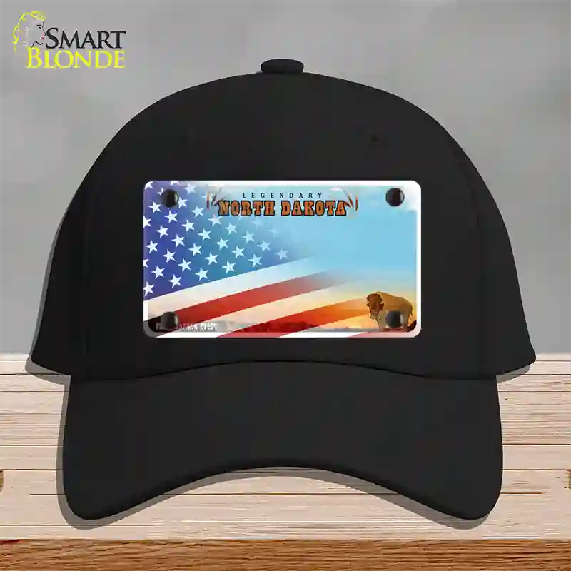 North Dakota Legendary with American Flag Novelty License Plate Hat Cotton / Black