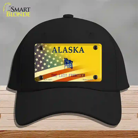 Alaska Yellow with American Flag Novelty License Plate Hat Black Cotton