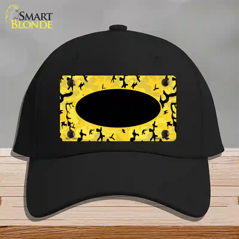 Yellow Black Camouflage With Black Center Oval Novelty License Plate Hat Cotton / Black