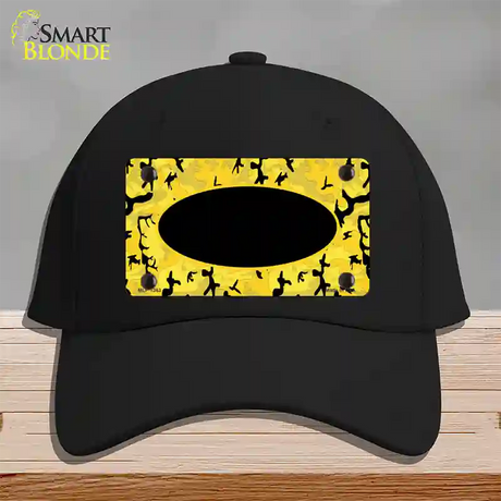 Yellow Black Camouflage With Black Center Oval Novelty License Plate Hat Cotton / Black