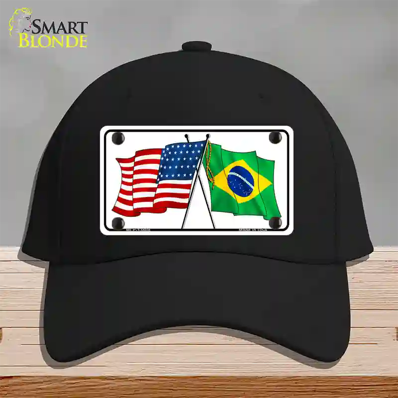 Brazil USA Crossed Flags Novelty License Plate Hat Tag Cotton / Black