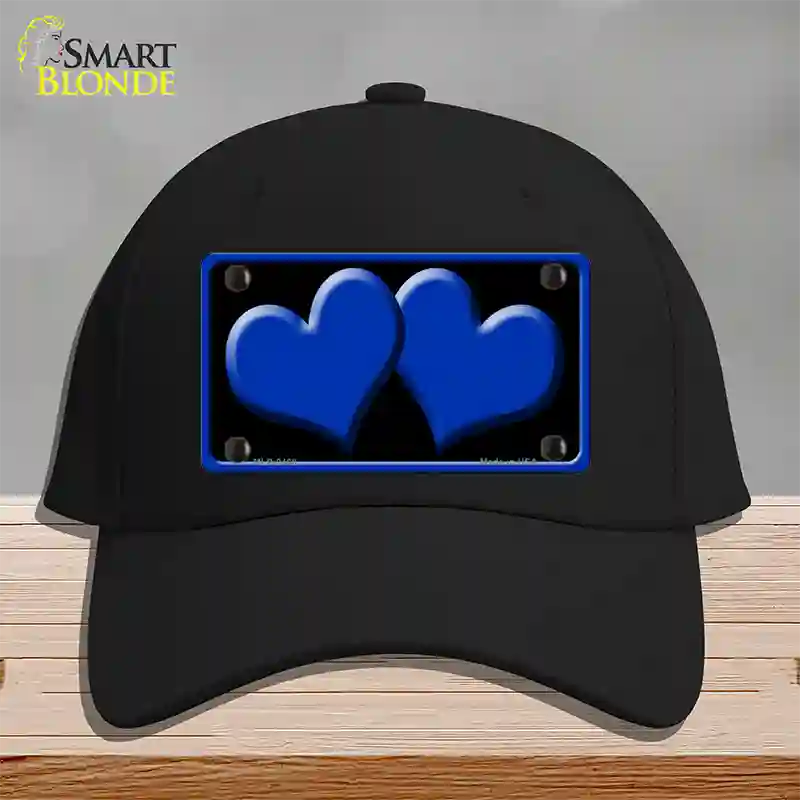 Solid Blue Centered Hearts Black Novelty License Plate Hat Cotton / Black