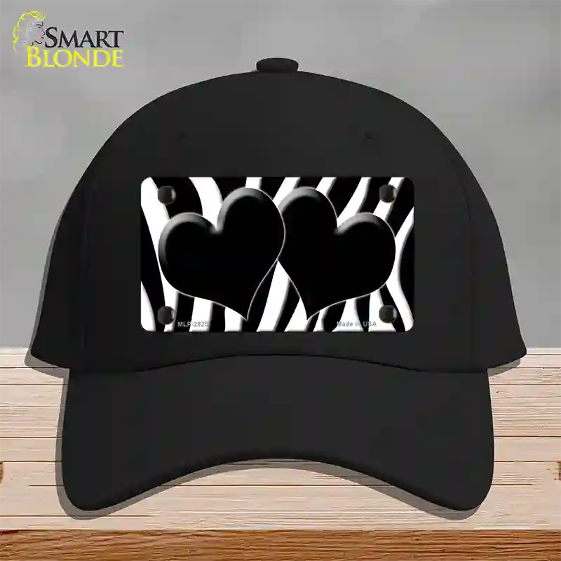 Black White Zebra Black Centered Hearts Novelty License Plate Hat Cotton / Black