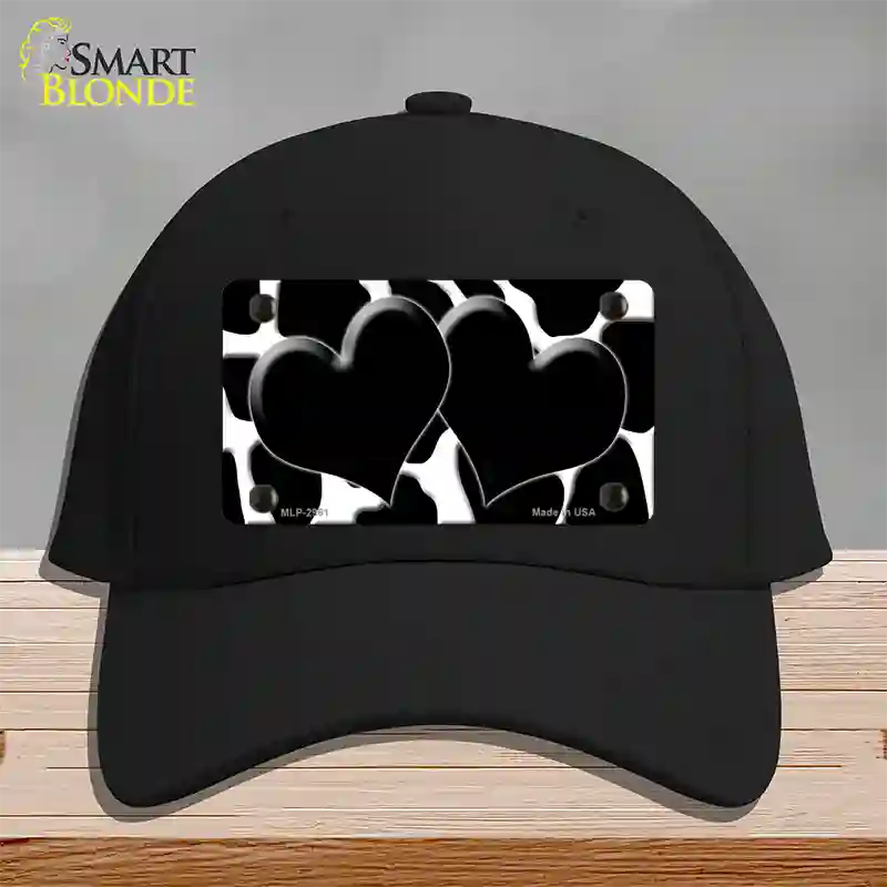 Black White Giraffe Black Centered Hearts Novelty License Plate Hat Cotton / Black