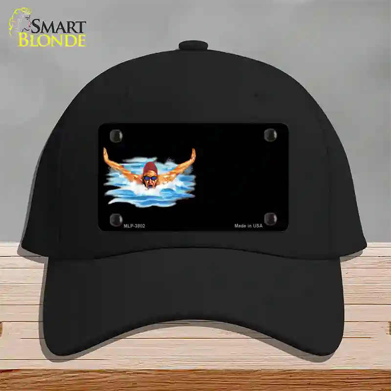 Male Swimmer Offset Novelty License Plate Hat Cotton / Black