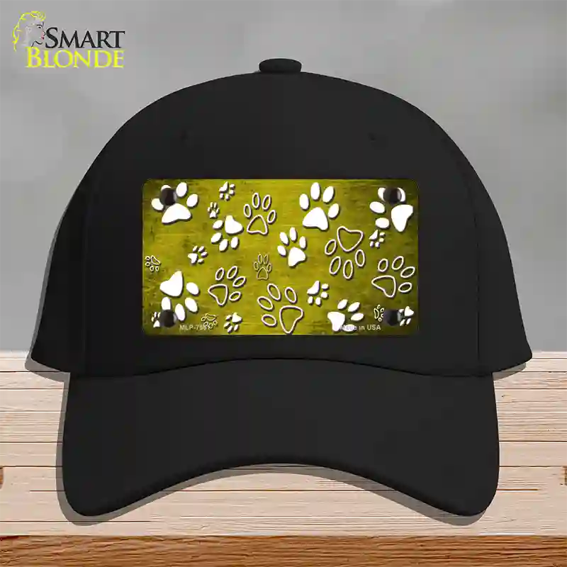 Yellow White Paw Oil Rubbed Novelty License Plate Hat Cotton / Black