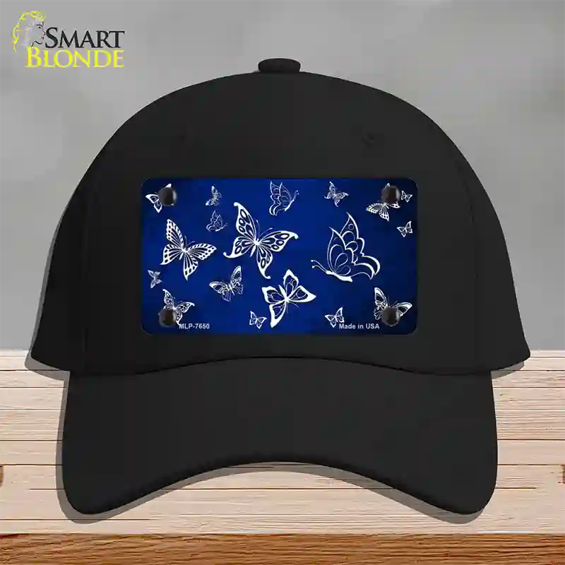 Blue White Butterfly Oil Rubbed Novelty License Plate Hat Cotton / Black