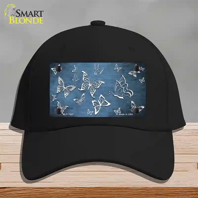 Light Blue White Butterfly Oil Rubbed Novelty License Plate Hat Cotton / Black