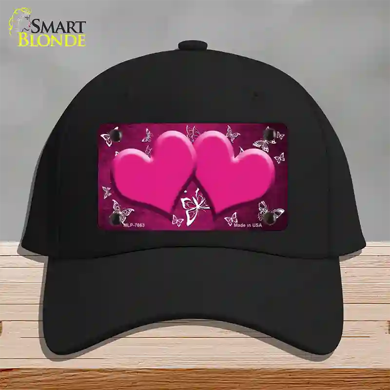 Pink White Hearts Butterfly Oil Rubbed Novelty License Plate Hat Cotton / Black