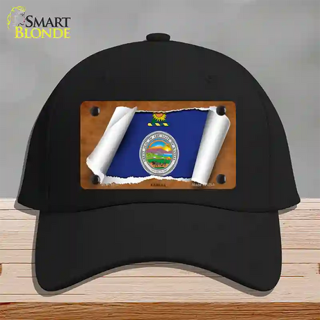 Kansas Flag Scroll Novelty License Plate Hat Cotton / Black