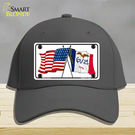 Iowa Crossed US Flag Novelty License Plate Hat Cotton / Charcoal