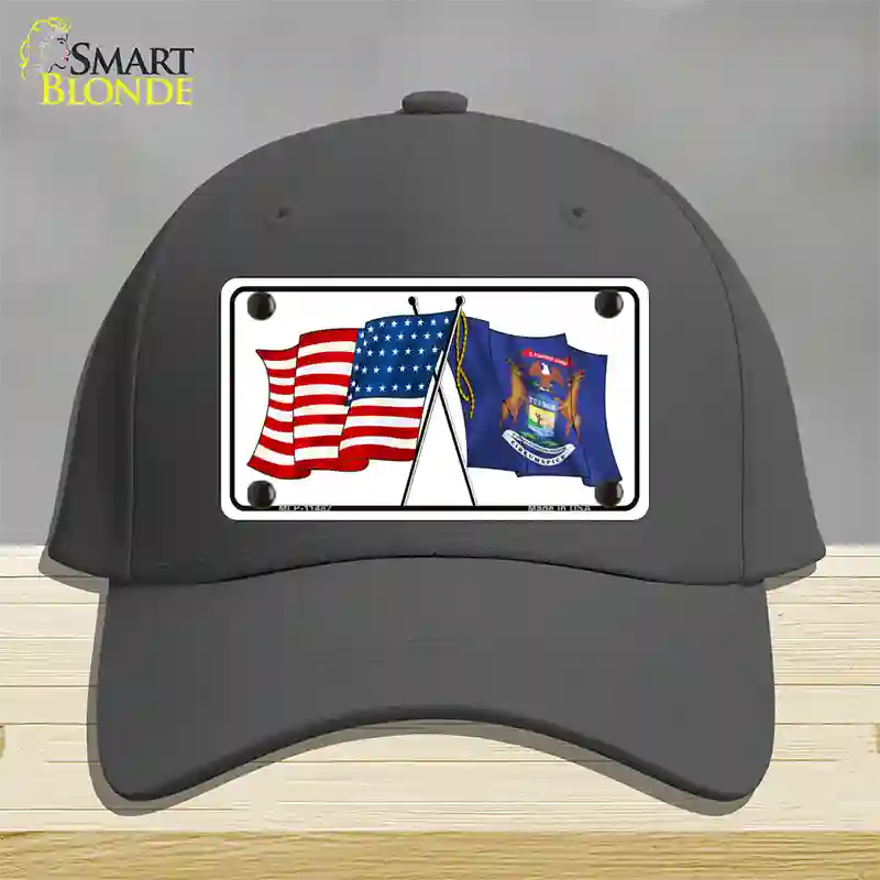 Michigan Crossed US Flag Novelty License Plate Hat Cotton / Charcoal