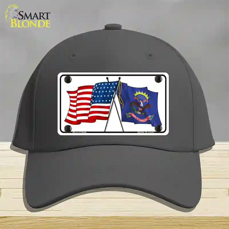 North Dakota Crossed US Flag Novelty License Plate Hat Cotton / Charcoal