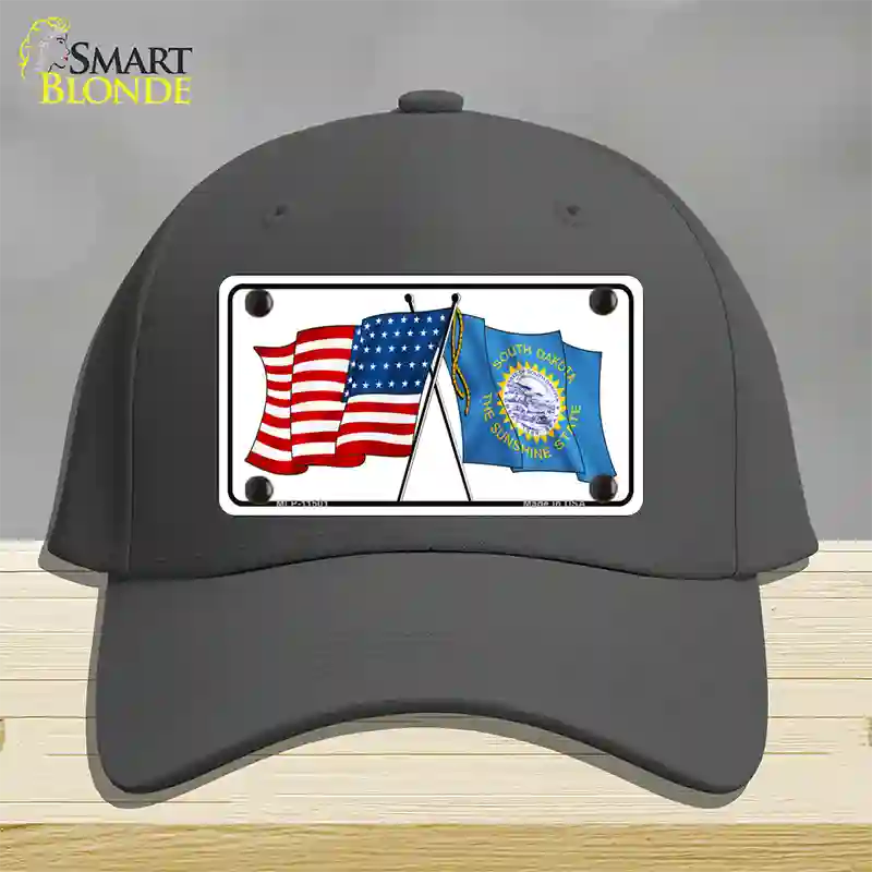 South Dakota Crossed US Flag Novelty License Plate Hat Cotton / Charcoal