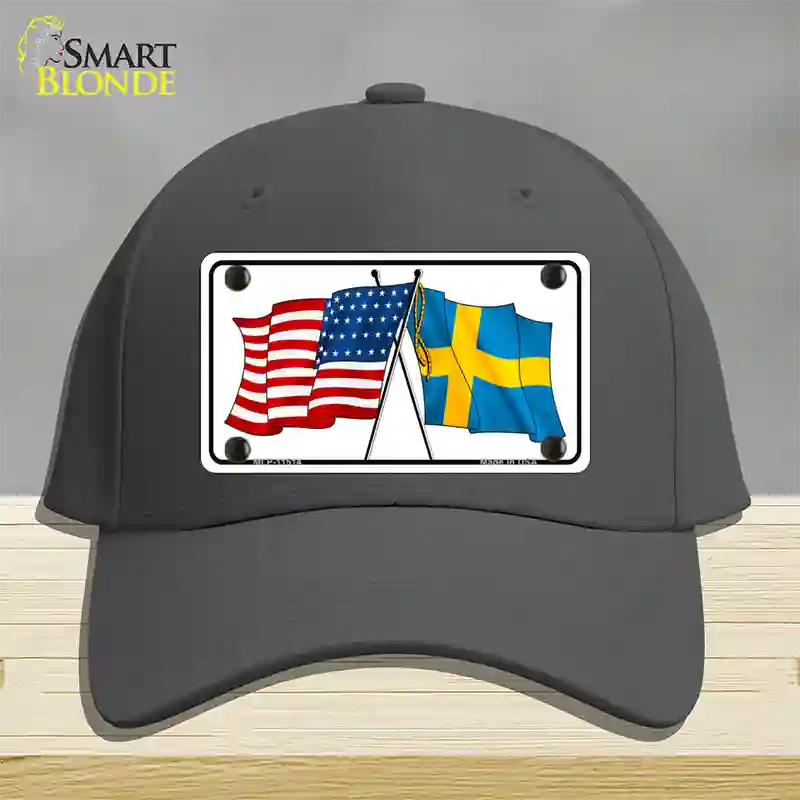 Sweden Crossed US Flag Novelty License Plate Hat Cotton / Charcoal